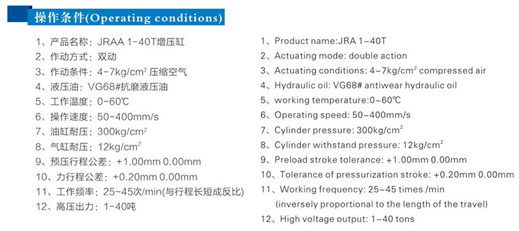 JRAA水平安裝型氣液增壓缸操作條件